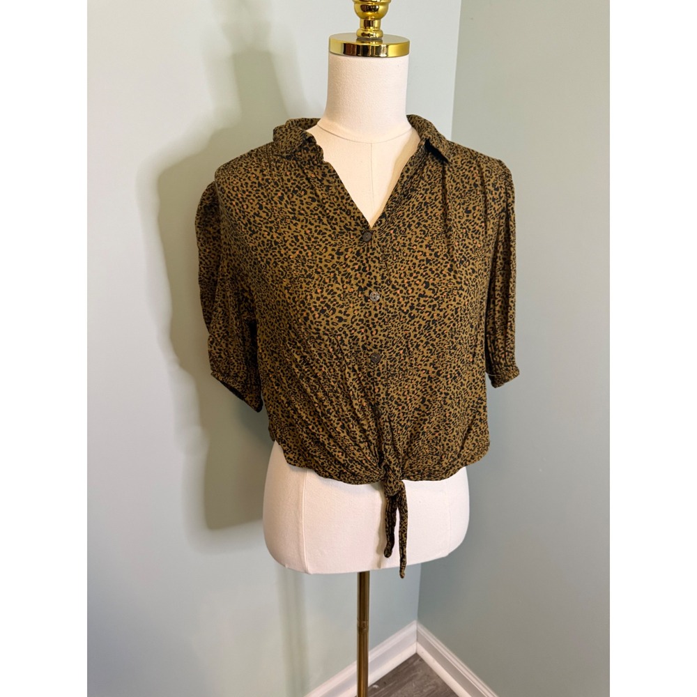 Free People Leopard Print Tie Front Button Down Top Olive Green Brown Size S